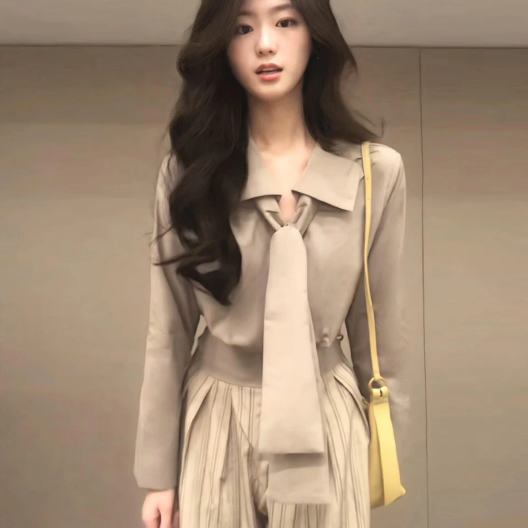 长袖衬衫女2025新款韩系通勤穿搭套装气质收腰衬衣设计感系带上衣