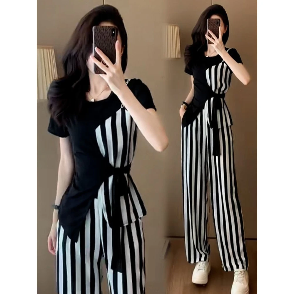 时尚减龄高级套装夏季洋气休闲显瘦运动服条纹阔腿裤两件套