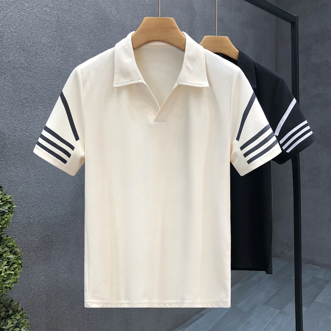 劳玛杜伽时尚纯色休闲翻领短袖t恤潮流修身夏季男士百搭透气上衣