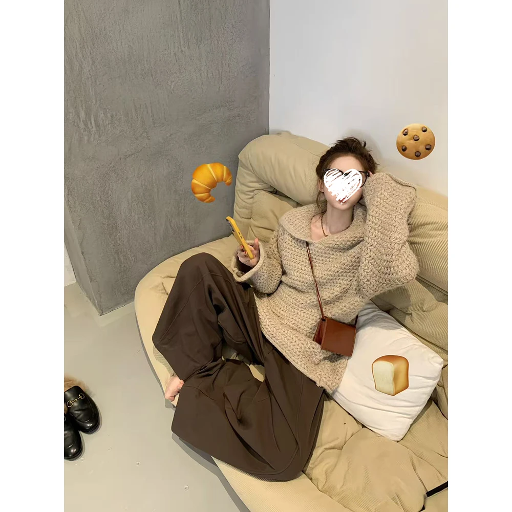 宽松慵懒连帽毛衣长袖针织外套女+复古百搭阔腿长裤套装 60951