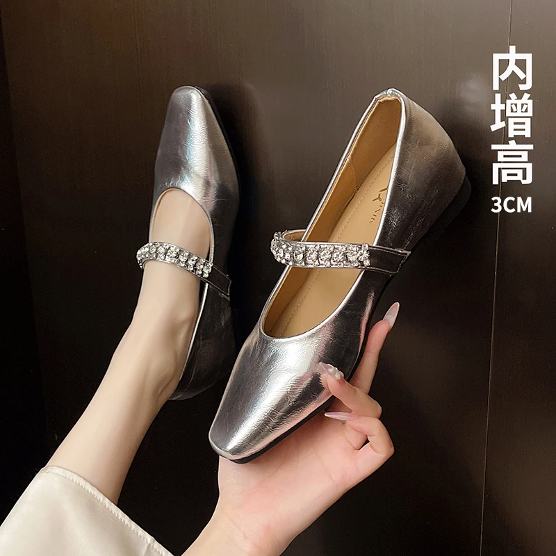 内增高银色水钻玛丽珍鞋女春夏秋季新款法式平底温柔风银色单鞋