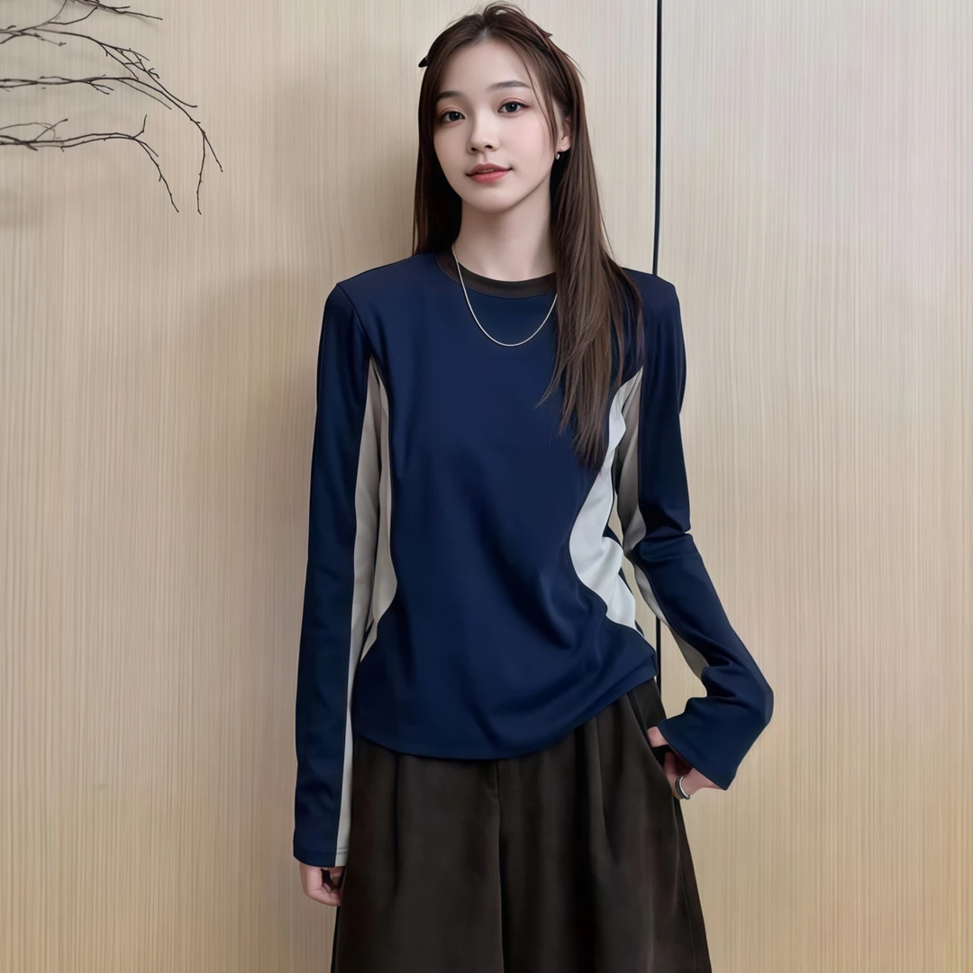休闲风撞色拼接显瘦长袖T恤女2025秋季大码胖MM百搭修身小众上衣