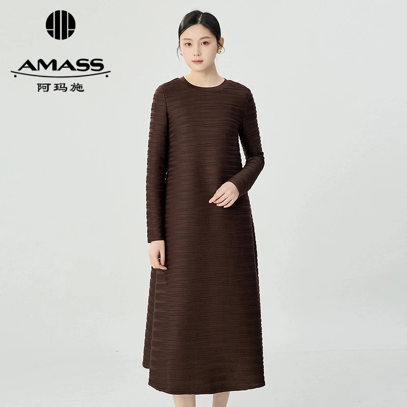 阿玛施AMASS新款时尚气质百搭宽松圆领印花长裙长袖连衣裙5500080