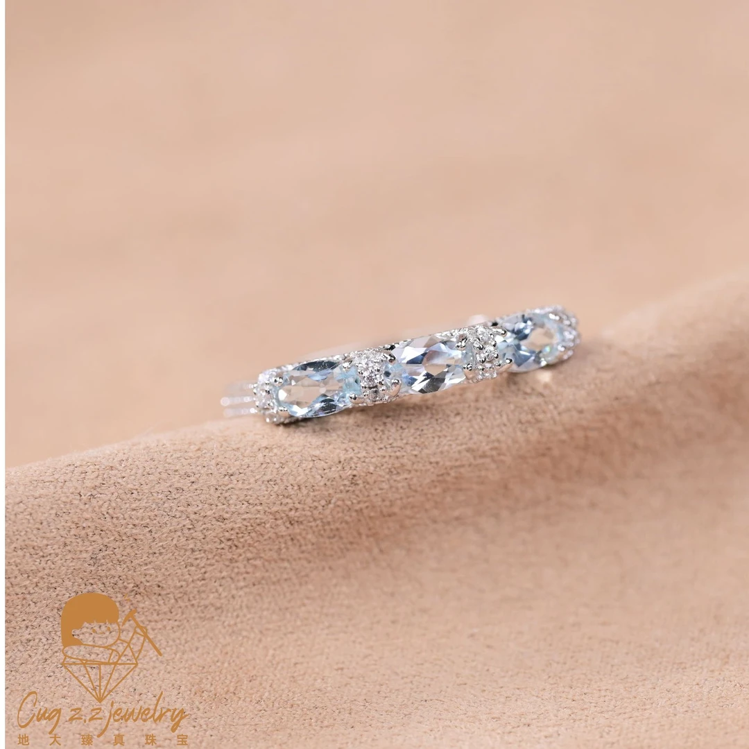 天然海蓝宝戒指排戒宝石三石款925银戒指原矿正品海蓝宝