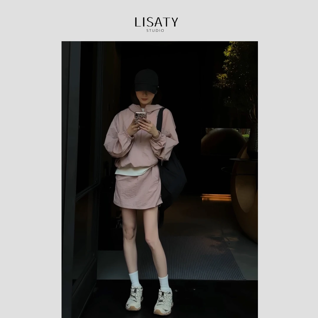 LISATY 山系女孩列 防晒防水连帽半拉链防晒冲锋衣+裙裤套装