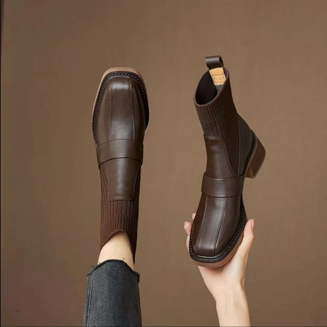 [鞋老板121]秋季新款牛皮针织英伦风方头女短靴舒适百搭手工靴688