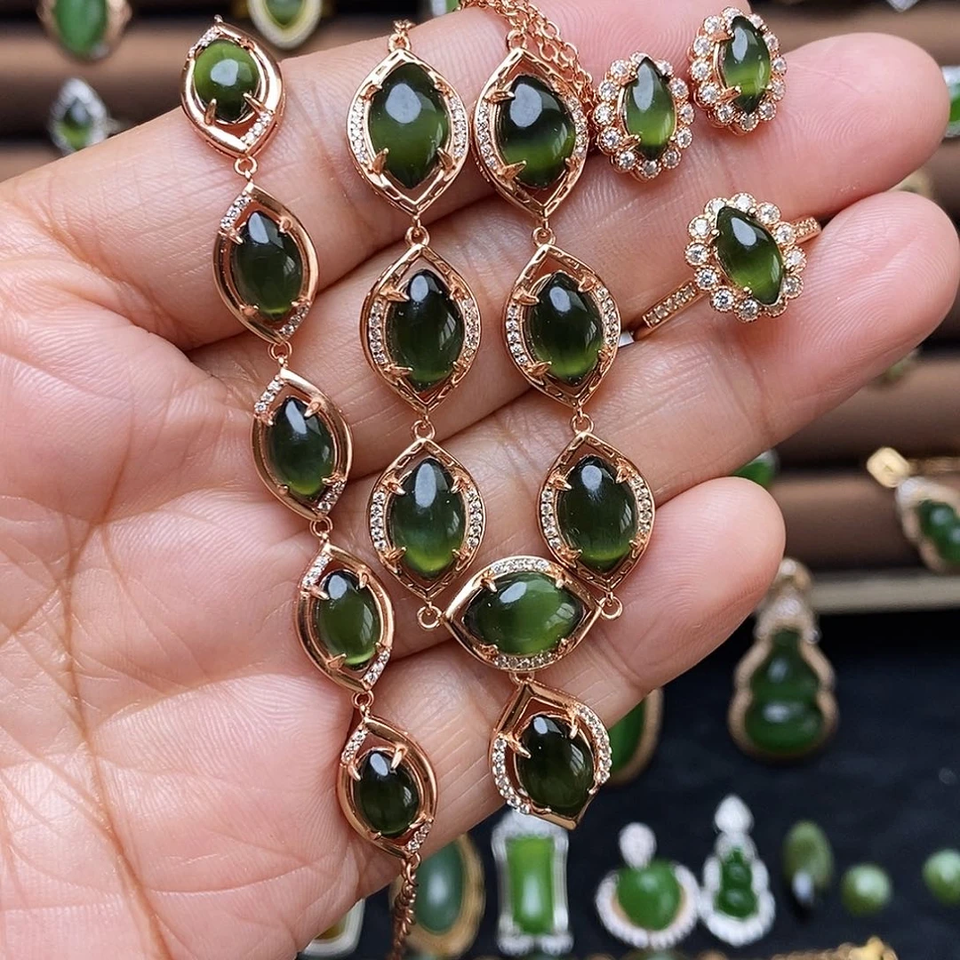 吊坠(不含链)银S925镶嵌和田玉（碧玉）套装