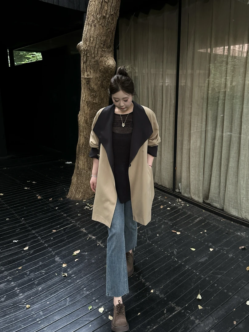 琪琪怪怪大码女装【枫林】秋季宽松中长款拼色风衣休闲百搭C27520QQ