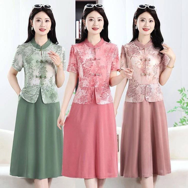 夏季新款冰羽丝改良版旗袍假两件气质显瘦连衣裙遮肉显瘦中长裙