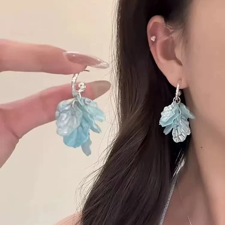 铜合金树脂耳饰 夏日~海盐蓝色花瓣流苏耳环百搭耳坠新款清新耳饰