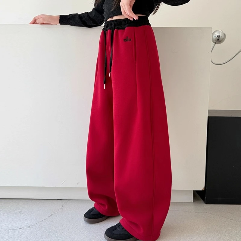 女童一体绒加厚裤子2025冬季新款儿童红色本命年弯刀裤大童运动裤