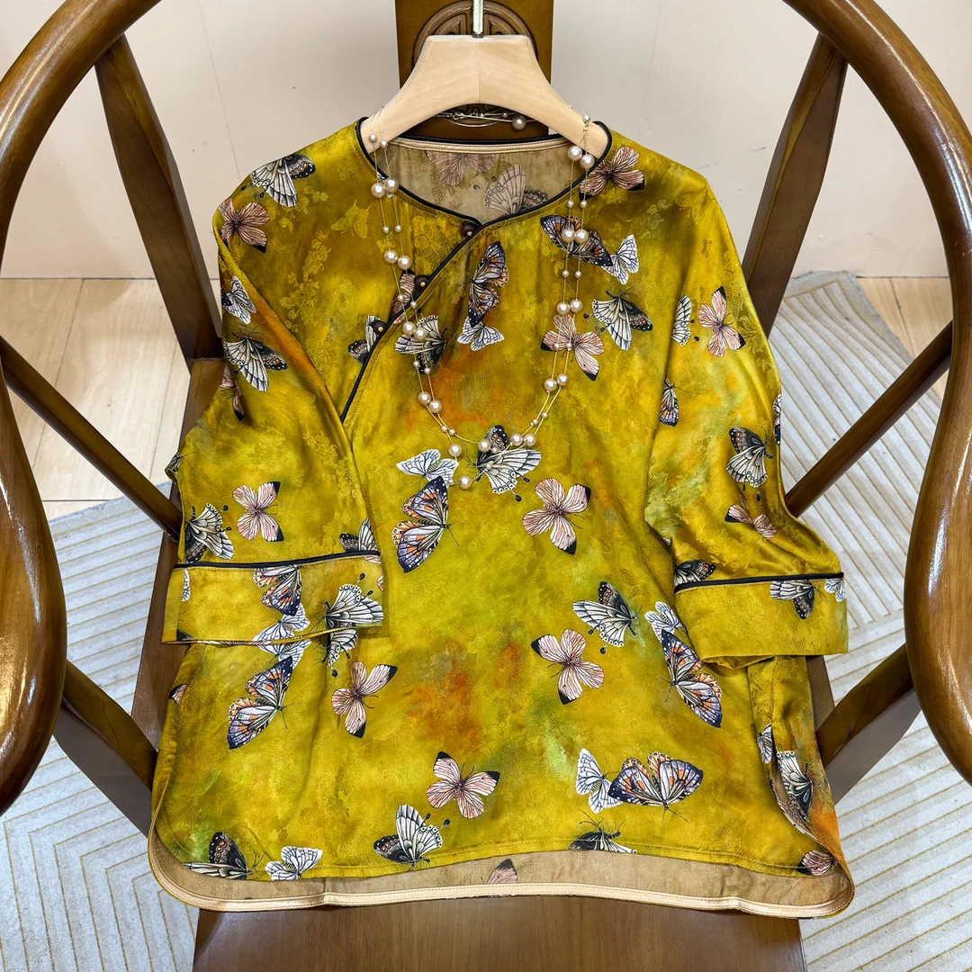 深圳南油新中式国风黄色蝴蝶提花短袖上衣女-特-02