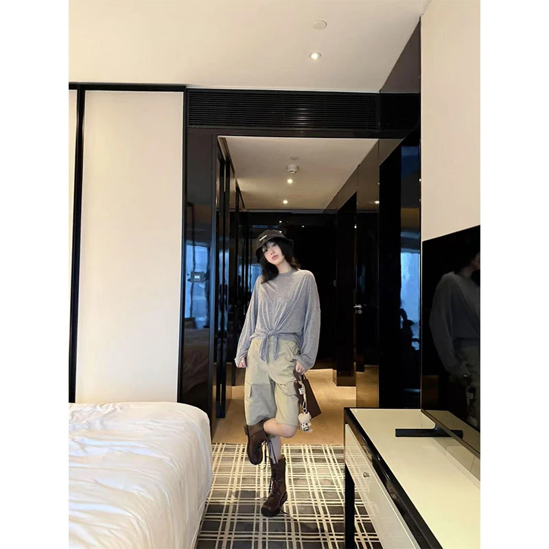 正反两穿微透空气感扭结开叉长袖宽松防晒罩衫上衣休闲直筒短裤