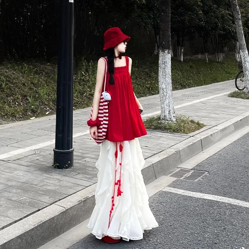 夏日多巴胺穿搭一整套时髦露背无袖吊带背心高级感半身裙两件套装