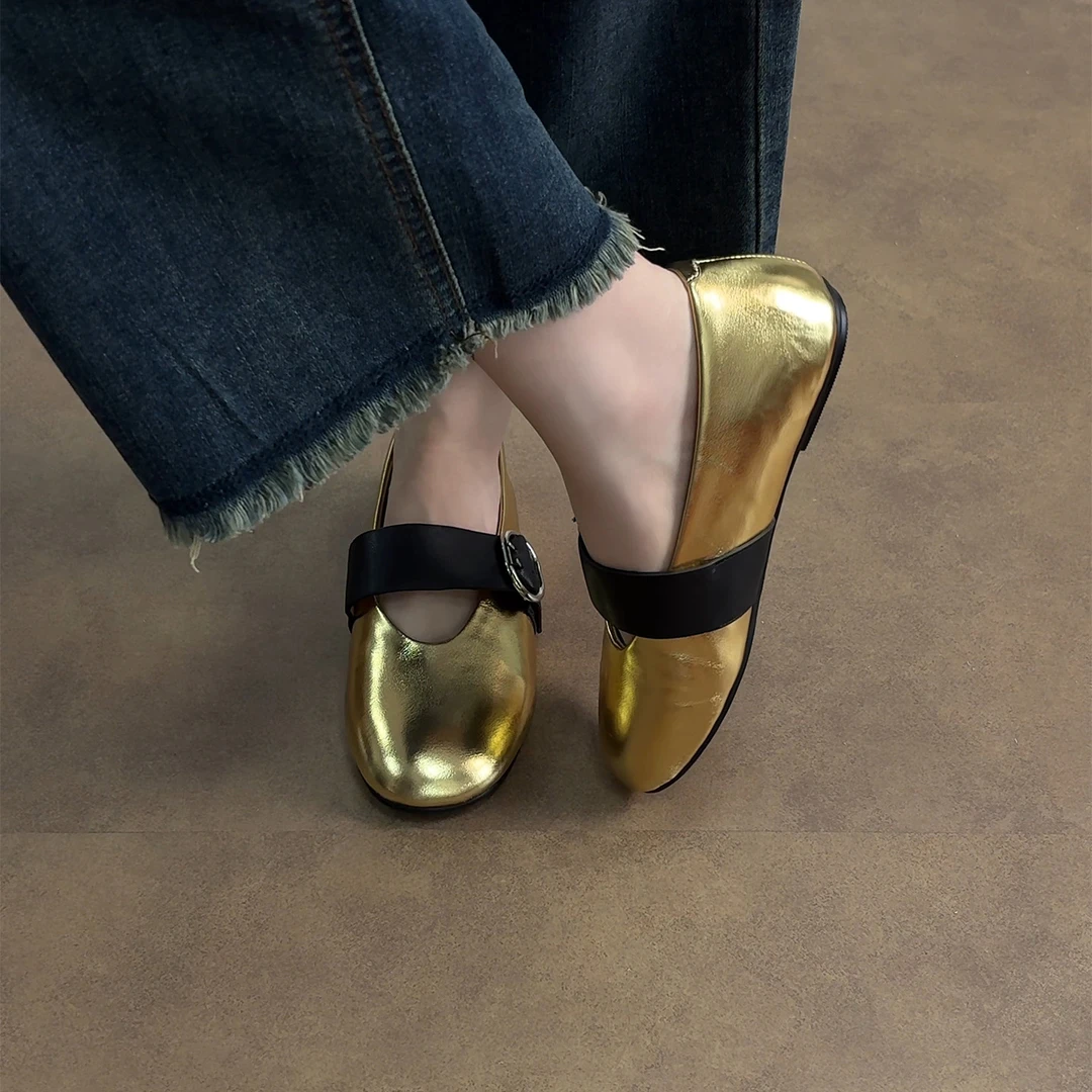 2cm/ED2333羊皮平底浅口圆头奶奶鞋女春秋软底内增高玛丽珍单鞋