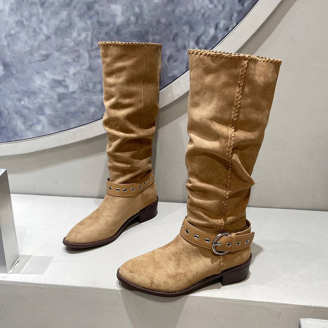 绒面粗跟牛仔西部靴女2025新款不过膝高筒骑士靴大筒围褶皱堆堆靴
