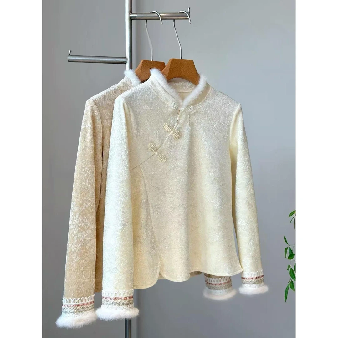 【明月】新中式冬季加绒加厚保暖修身显瘦刺绣拼接百搭打底女