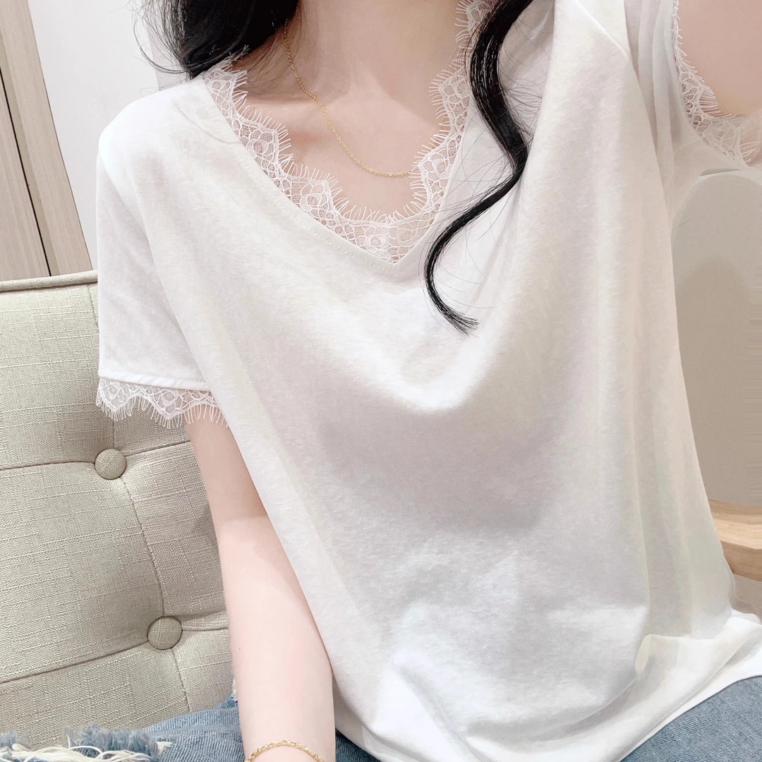 白色气质蕾丝花边v领正肩短袖t恤女士短袖外穿洋气时尚爆款小众新