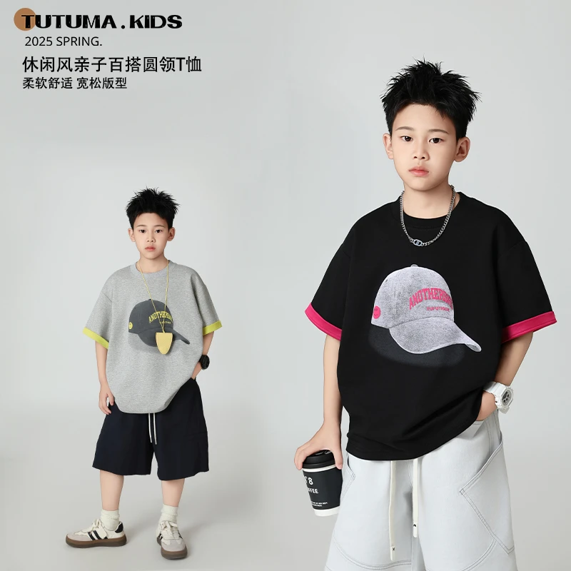 现货图图妈【设计感 帽子T】男女童酷帅圆领T恤短袖中大童潮牌亲子
