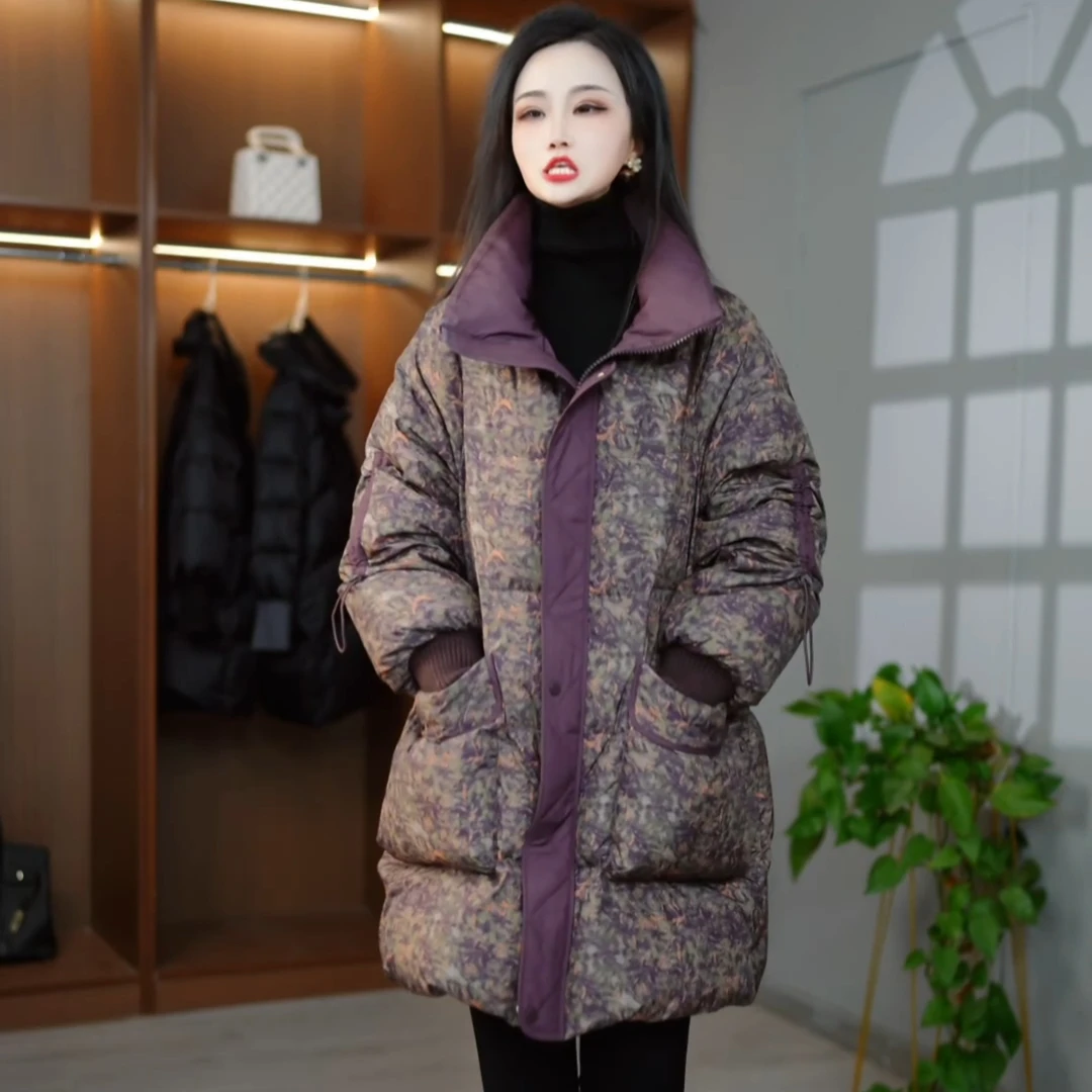 2025冬设计感复古风连帽羽绒服女中长款加厚保暖宽松显瘦减龄外套