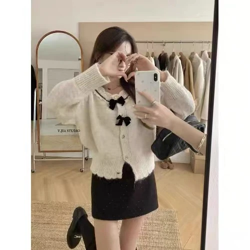 531-570韩版蕾丝花边蝴蝶结单排扣毛衣女士春秋款气质针织开衫