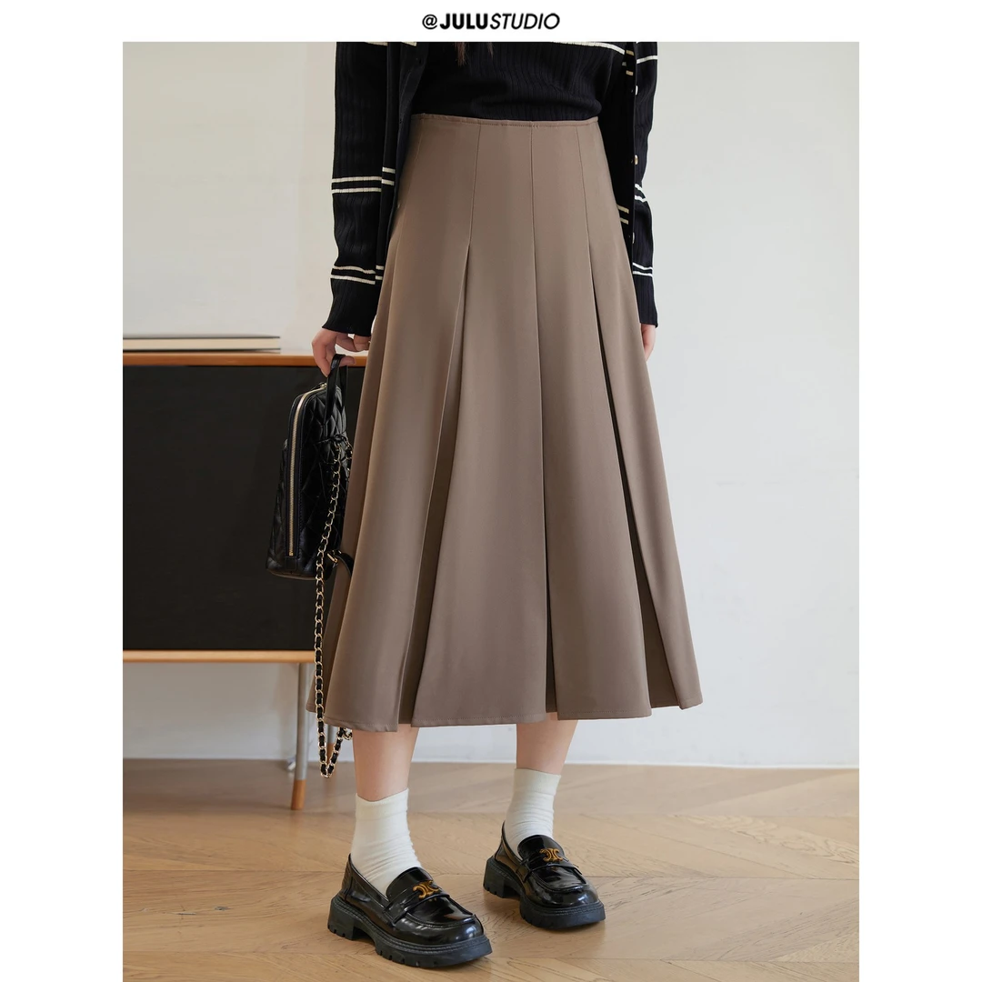 巨鹿工作室“篆刻浪漫”微胖mm经典百搭中长款百褶A字显瘦半身裙