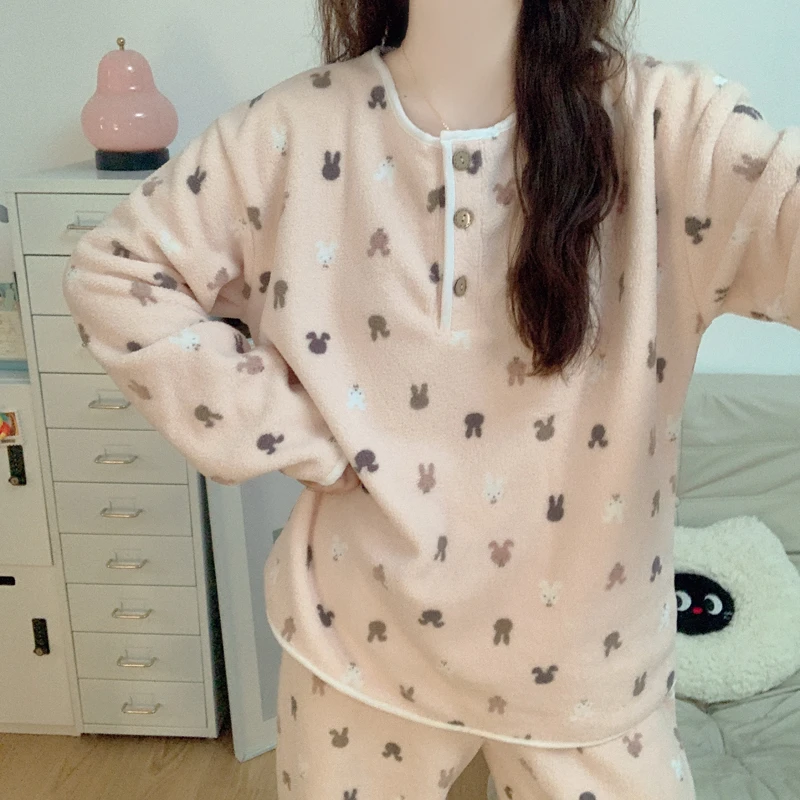 【加厚雪粒绒】兔子睡衣女秋冬季2025新款加厚珊瑚绒保暖家居服套装