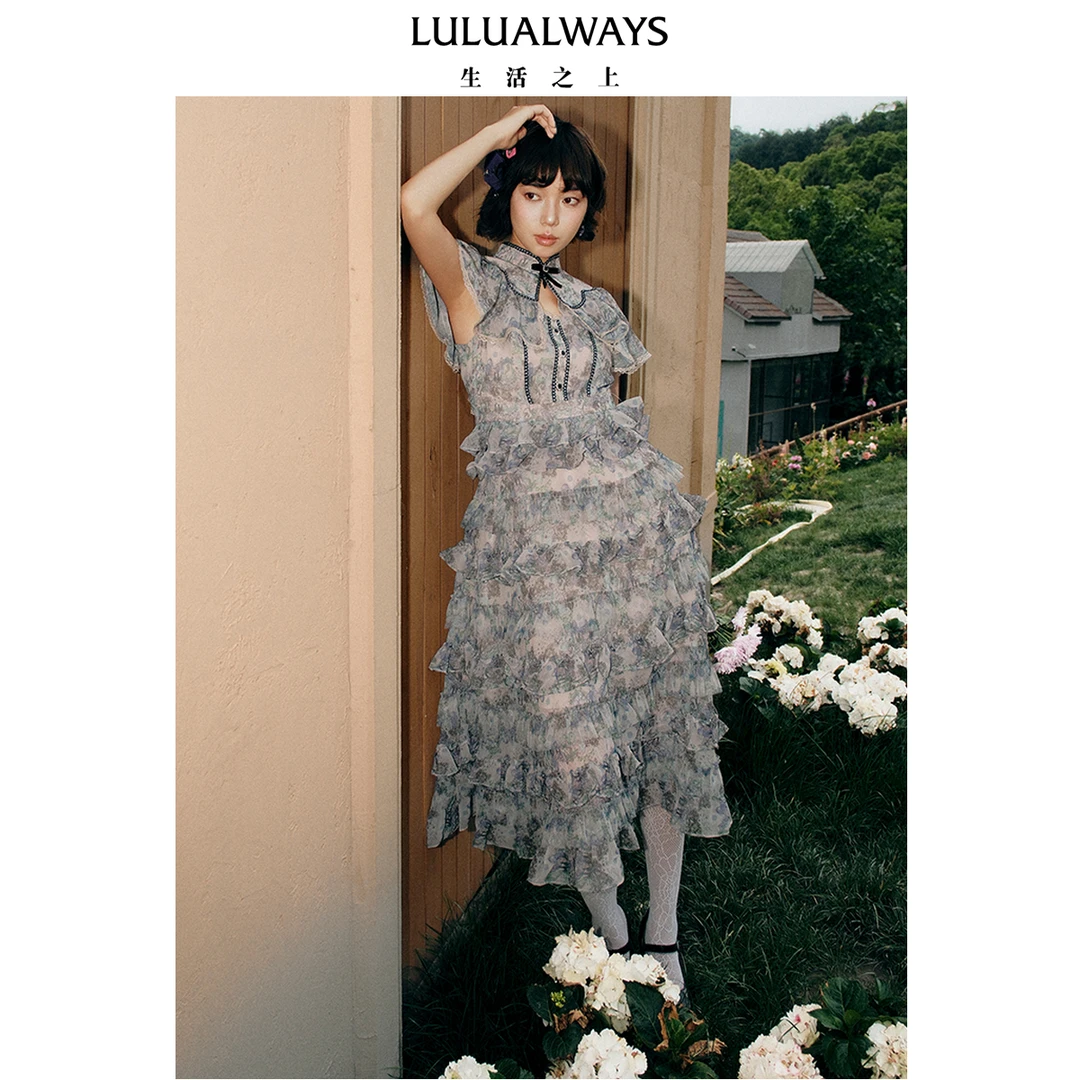 LULUALWAYS我爱露露25夏季新款优雅复古雪纺层叠蛋糕裙设计连衣裙