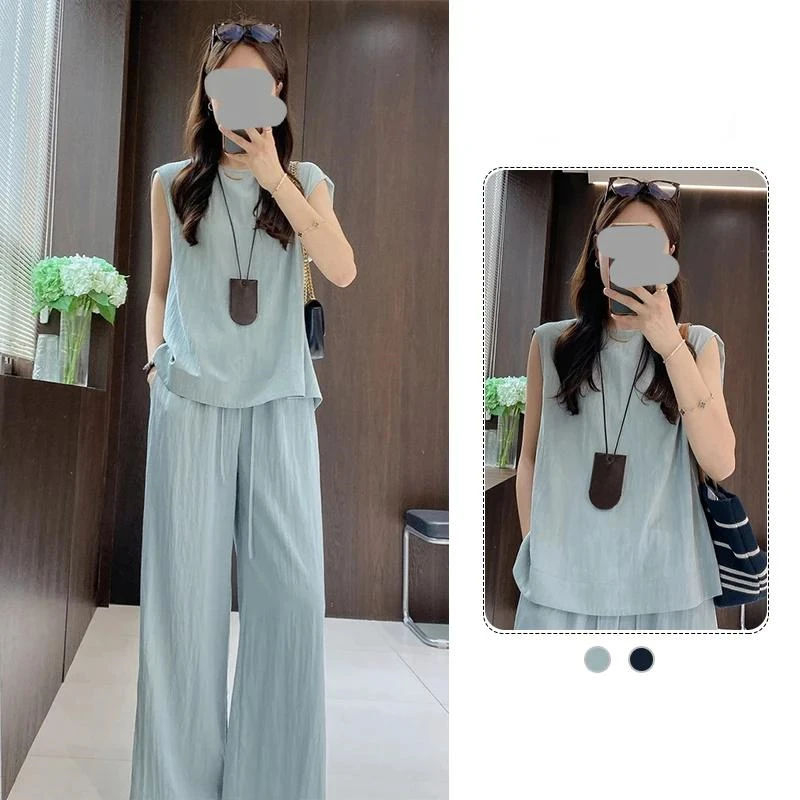 韩系简约休闲纯色百搭无袖上衣两件套女士2025夏季小众设计感套装