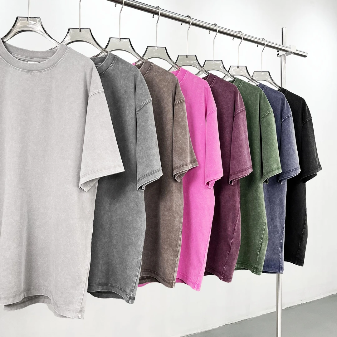 重磅蜡染水洗做旧纯色短袖T恤潮流高街风OVERSIZE宽松落肩半袖男