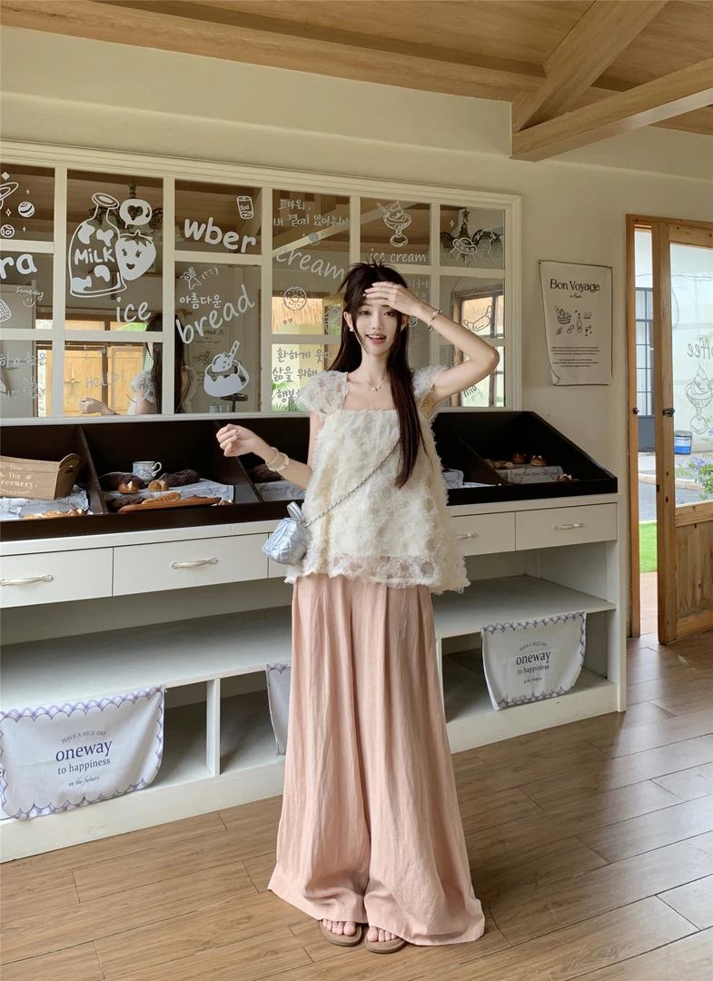 韩系重工网纱小飞袖蕾丝衫上衣高腰休闲裤2025夏季新款时尚套装女