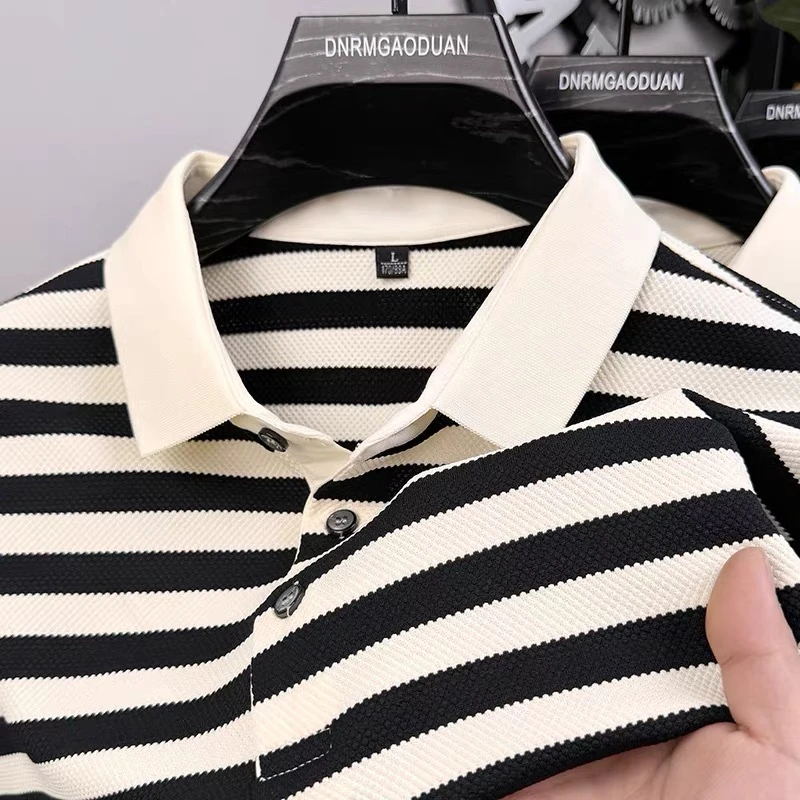 小条纹帅气POLO衫男夏季新款2025时尚年轻男士休闲商务翻领高品