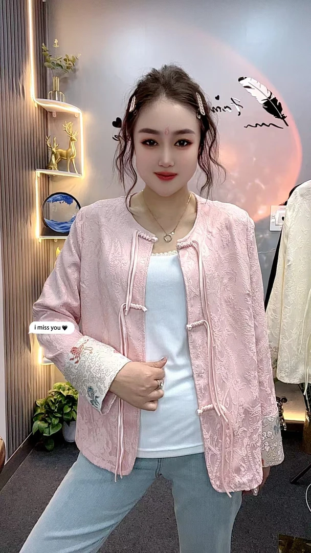新款式1280圆领盘扣刺绣提花外套女春高级感宽松百搭减龄上衣