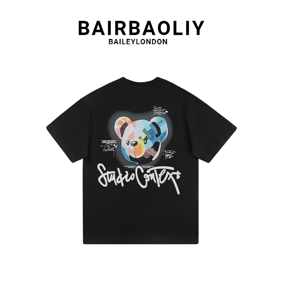 BAIRBAOLIY时尚潮流休闲短袖男女撞色油墨感小熊国潮色彩卡通T恤