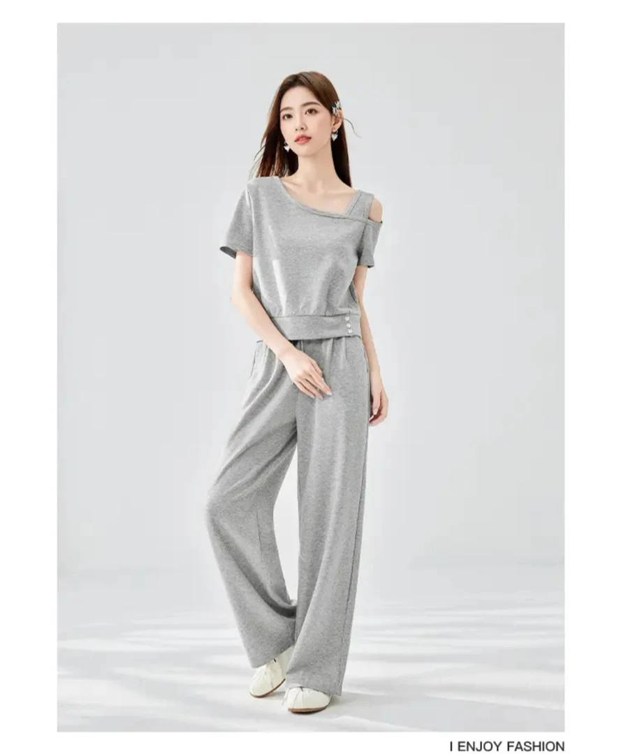 5617时尚露肩卫衣短袖阔腿裤两件套女夏季2025新款减龄套装潮