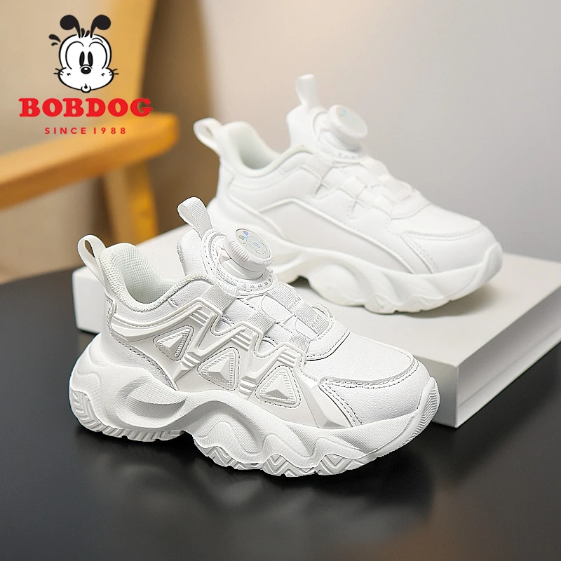Bobdog/巴布豆男童小白鞋2025春秋新款皮面儿童运动鞋女童老爹鞋