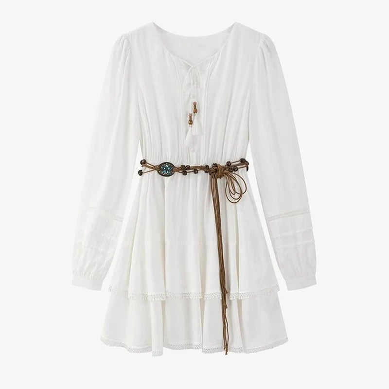 【送腰带】波西米亚度假风流苏白色长袖收腰连衣裙D0447