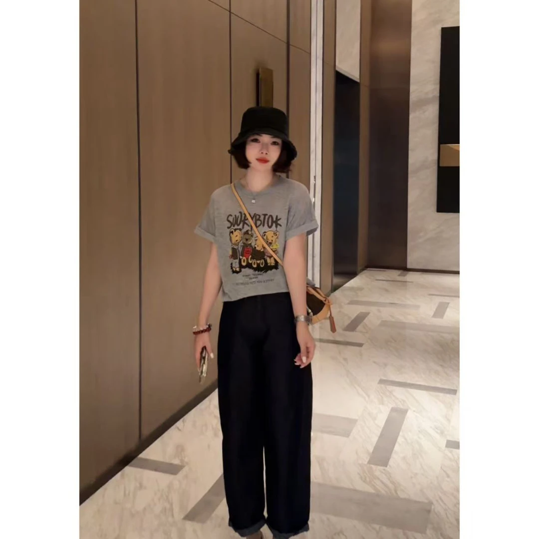 玳妮【四只小熊】夏季 圆领重工卡通提花短袖线衫 轻薄款套头针织衫