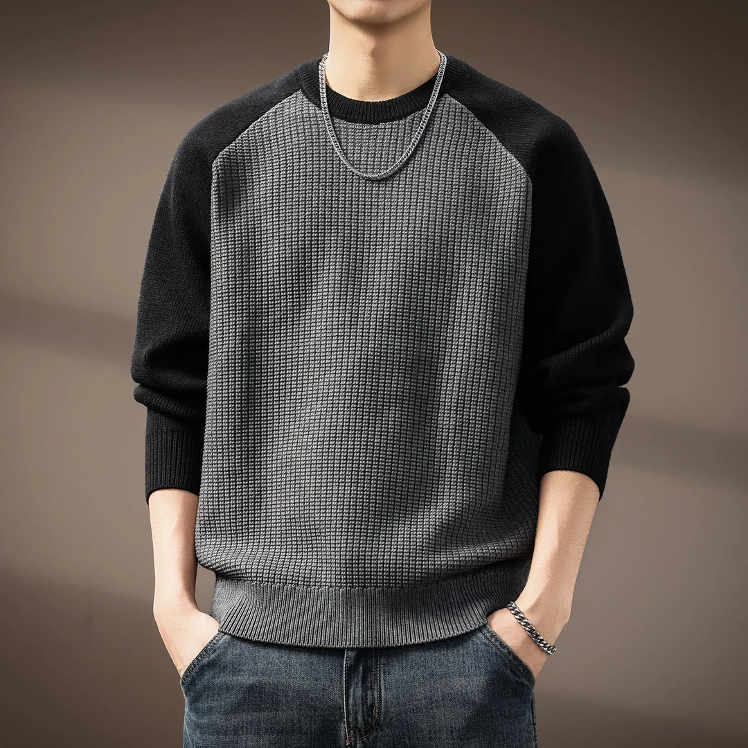 高端插肩袖拼色菠萝纹毛衣男秋冬新款圆领针织衫内搭慵懒打底衫男