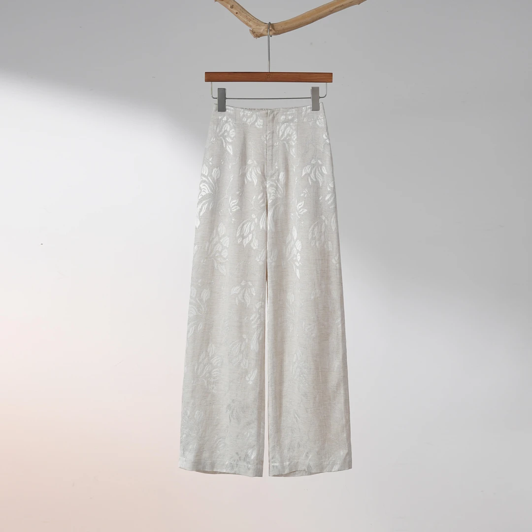 西子/【玉兰裤】亚麻暗纹提花后松紧时尚休闲百搭阔腿裤/KZBH1779