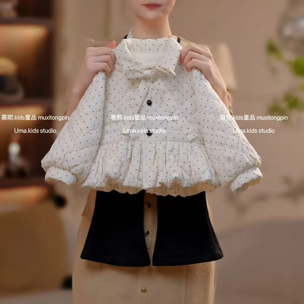 【加绒加厚】女童2025洋气时尚蝴蝶结立领波点棉服+喇叭裤洋气套装