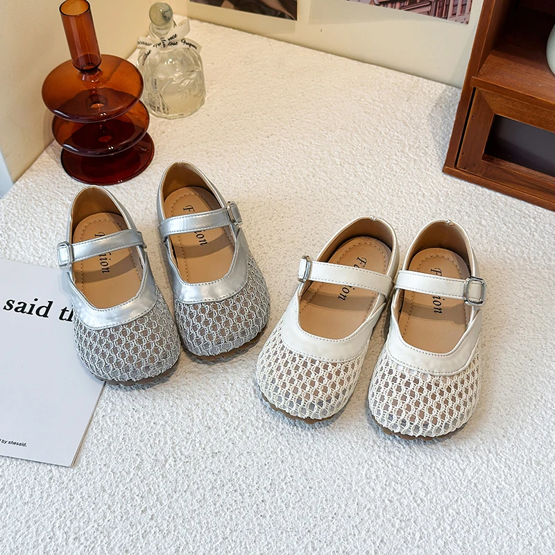 ABC女童凉鞋2025夏季新款编织镂空小皮鞋小女孩鞋子银色罗马凉鞋