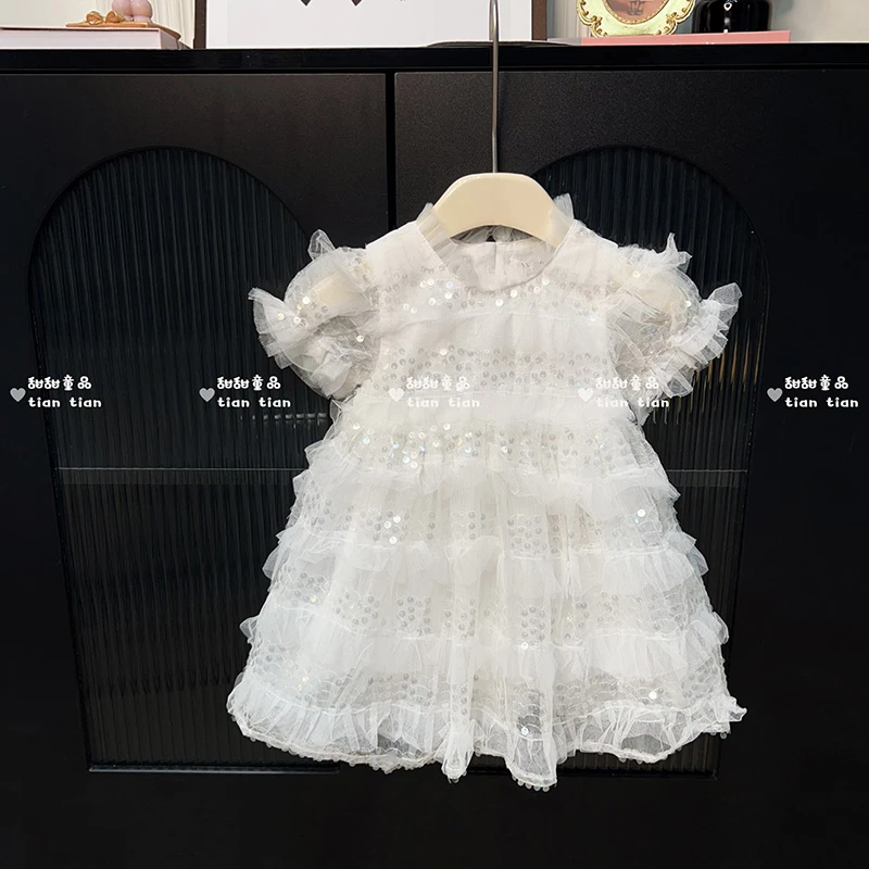 女童夏季新品亮片裙女宝宝小香风洋气泡泡袖礼服裙周岁礼物雪纺裙