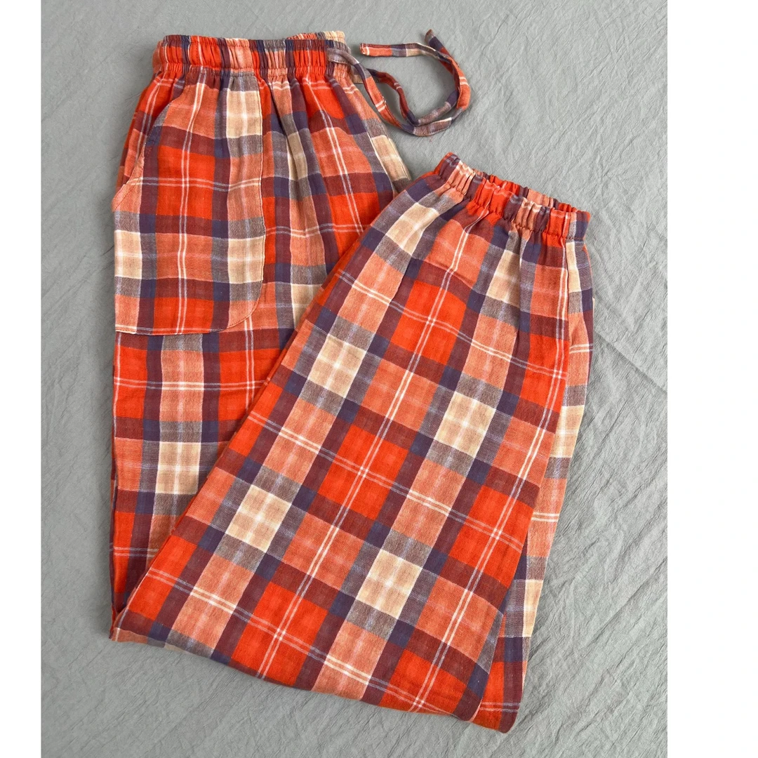 春夏新品双层纱格子风休闲裤夏季宽松百搭时尚男女韩版格子裤睡裤