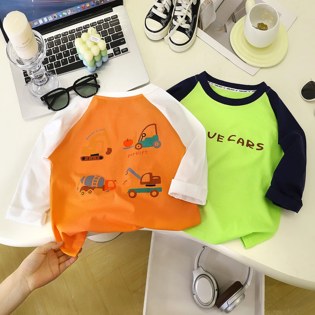 【2025秋季新款纯棉】儿童插肩印花长袖T恤撞色时尚洋气潮童春秋