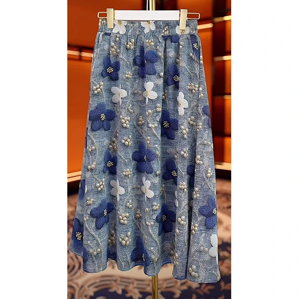 杭州正品2025夏新款优雅气质收腰显瘦印花半身裙W