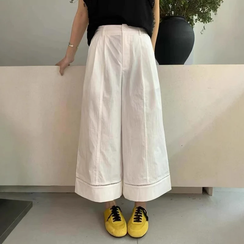 明线镂空设计九分阔腿裤女夏季新款时尚百搭高腰宽松直筒休闲裤