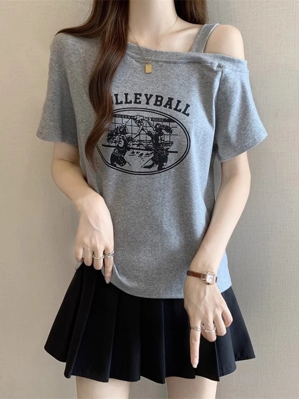 【运补6-8】甜辣酷妹风韩版印花短袖T恤女上衣斜肩小心机+白色圆领