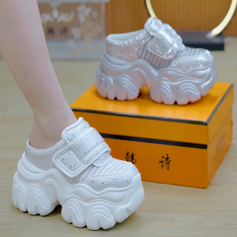 10cm满钻魔术贴厚底包头凉拖女2025夏季百搭增高半拖鞋