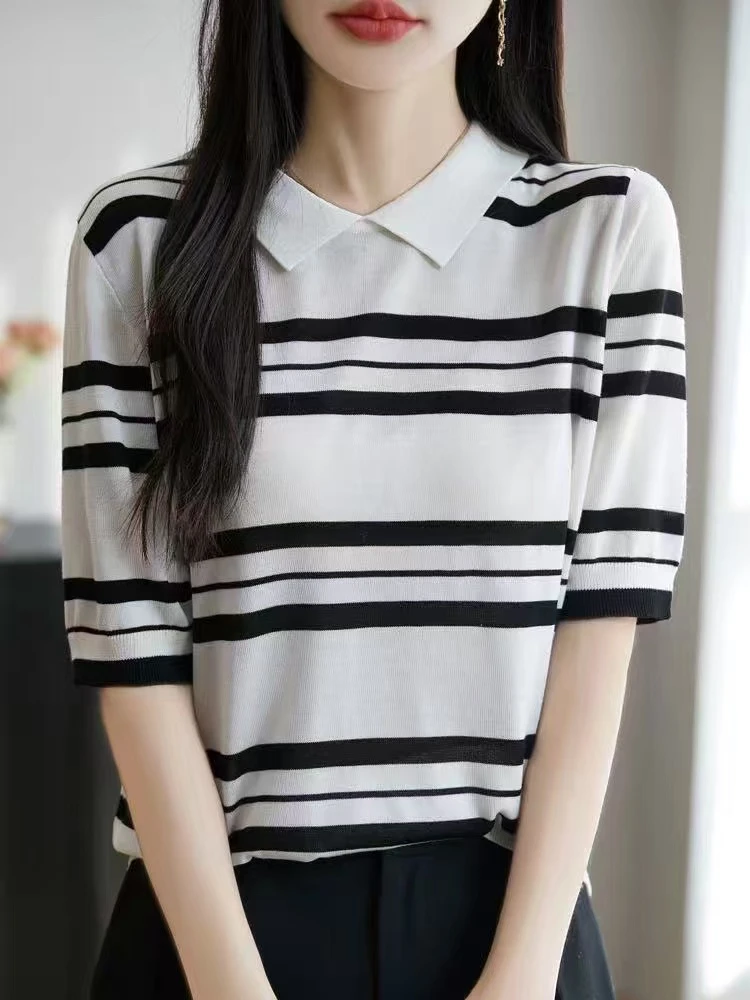 百搭条纹透气卡通针织短袖显瘦圆领女毛针织衫短袖
